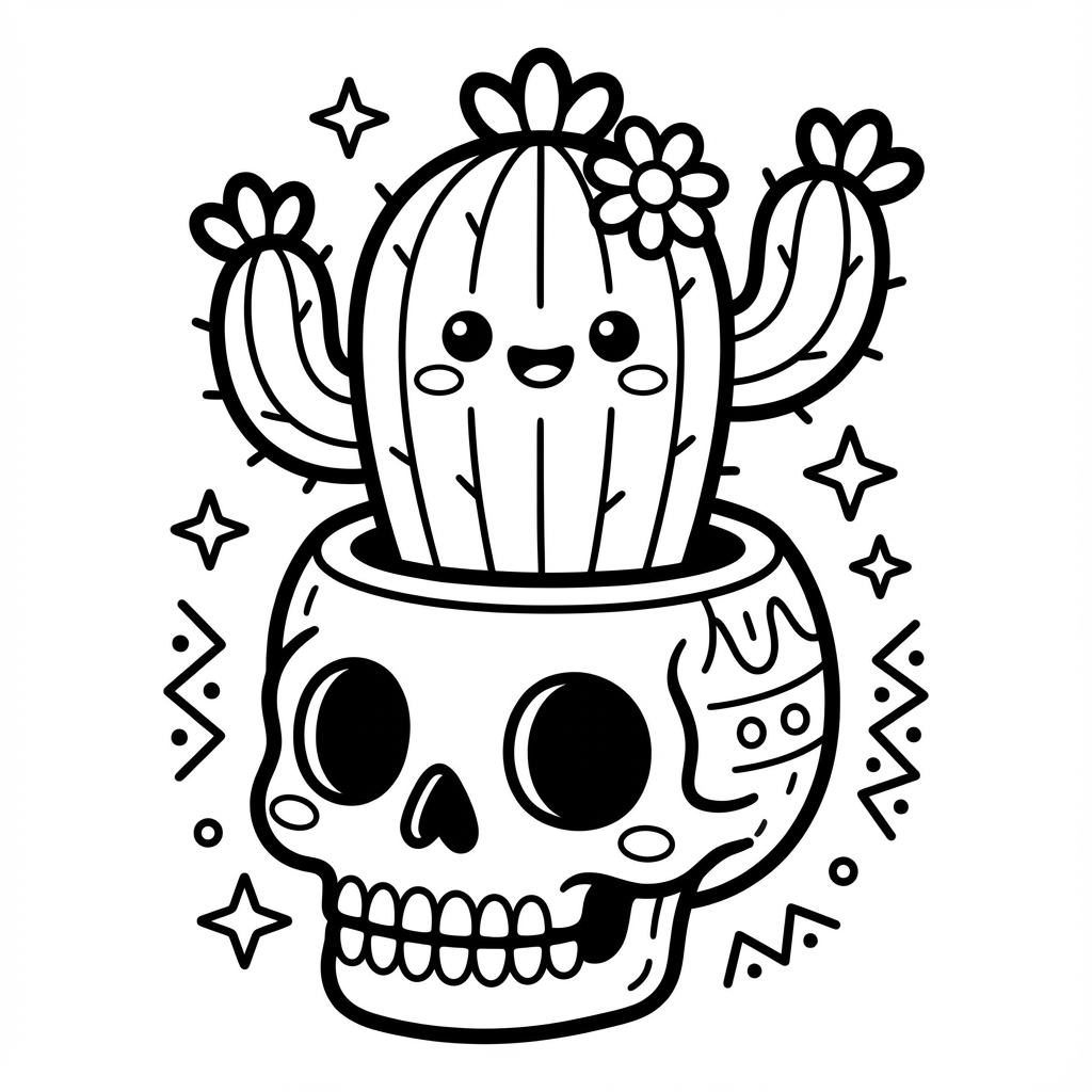 Smiling cute grim reaper with a heart scythe, designed as simple coloring pages with thick lines and chunky line art coloring.